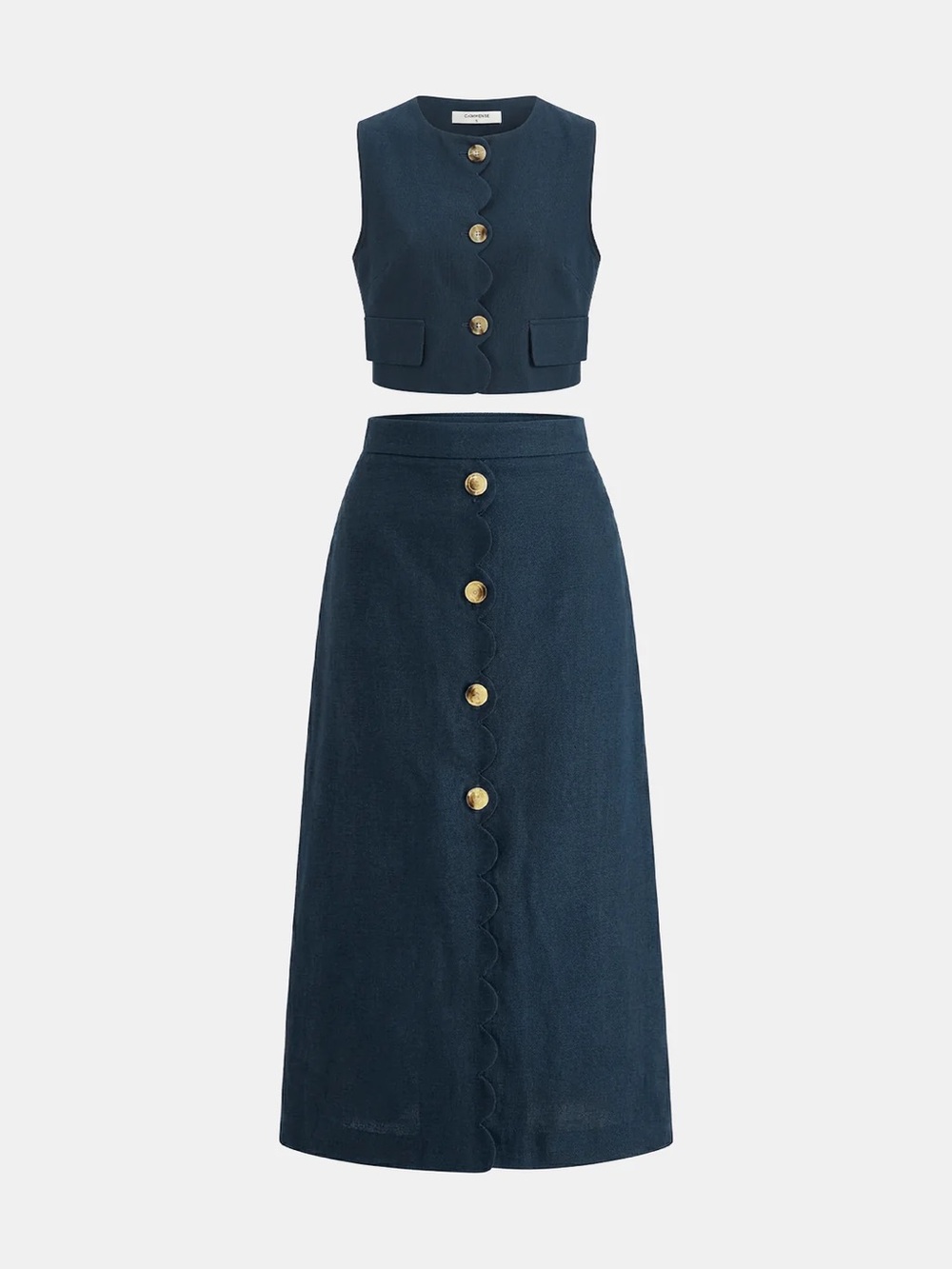 Navy Scallop-Edge Button Midi skirt and Cropped Top set